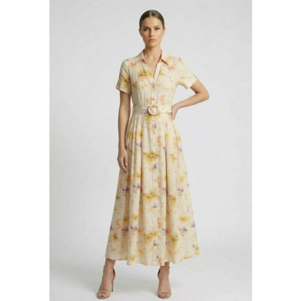 Floral Belted Maxi Shirt Dress - Yellow